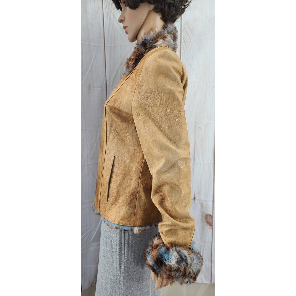 CLEAR ANGLE Women's M Jacket Soft Tan Genuine Leather Fur Trim Zip Front Luxury - Picture 5 of 10